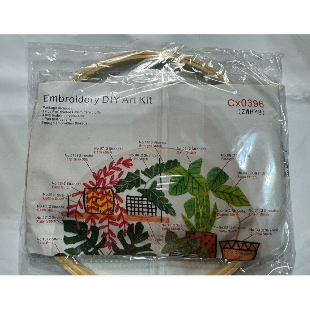 Botanical Houseplants Embroidery Kit-Pattern With Thread And Hoop 8 Inches New!